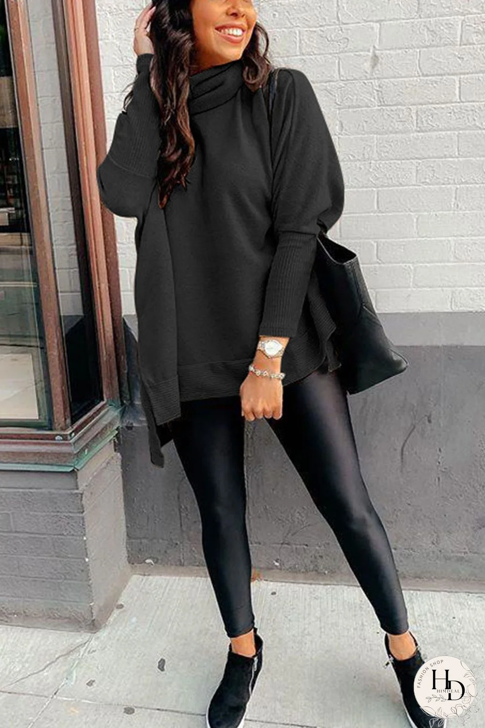Apricot British Style Solid Slit Turtleneck Tops