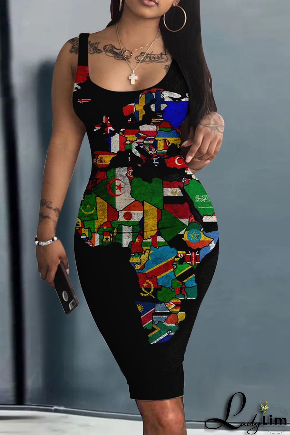 Navy Blue Fashion Sexy Print Basic U Neck Vest Dress