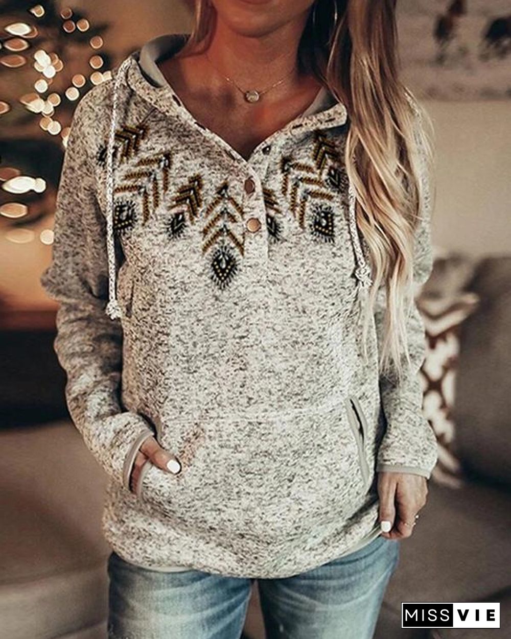 Women's Vintage Print Casual Pocket Fleece Hoodie & Sweatshirt