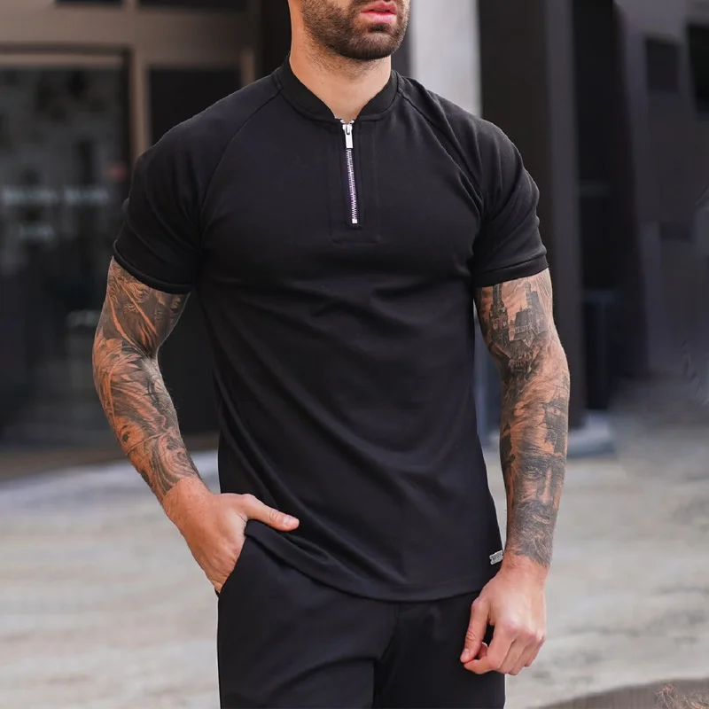 Zipper V-neck Black Polo Shirt