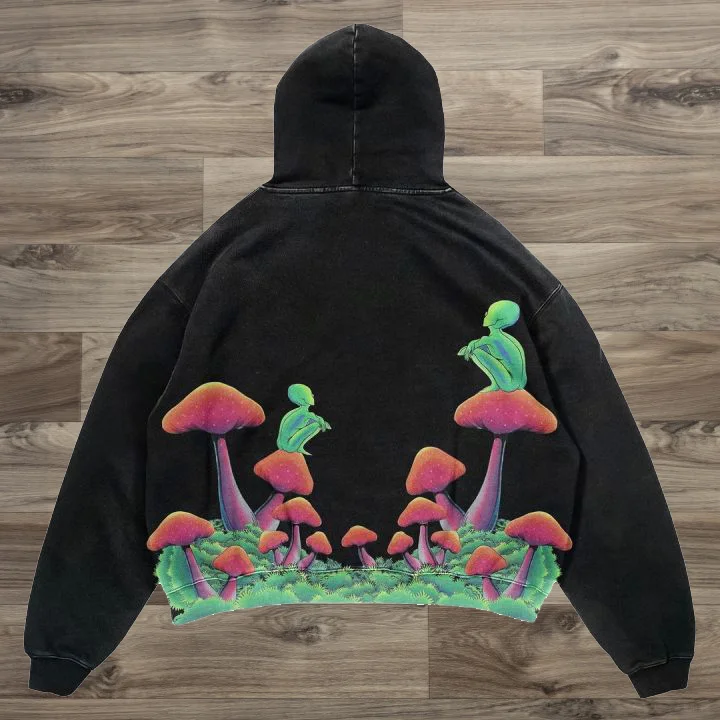 Retro fashion mushroom print hoodie