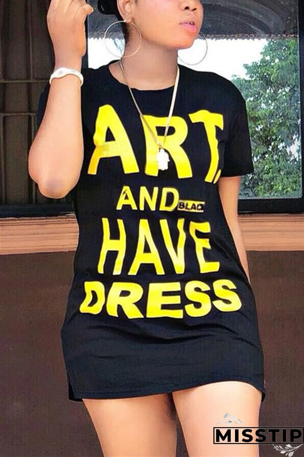 Black Fashion Casual Regular sleeve Short Sleeve O Neck T-shirt Dress Mini Letter Solid Dresses