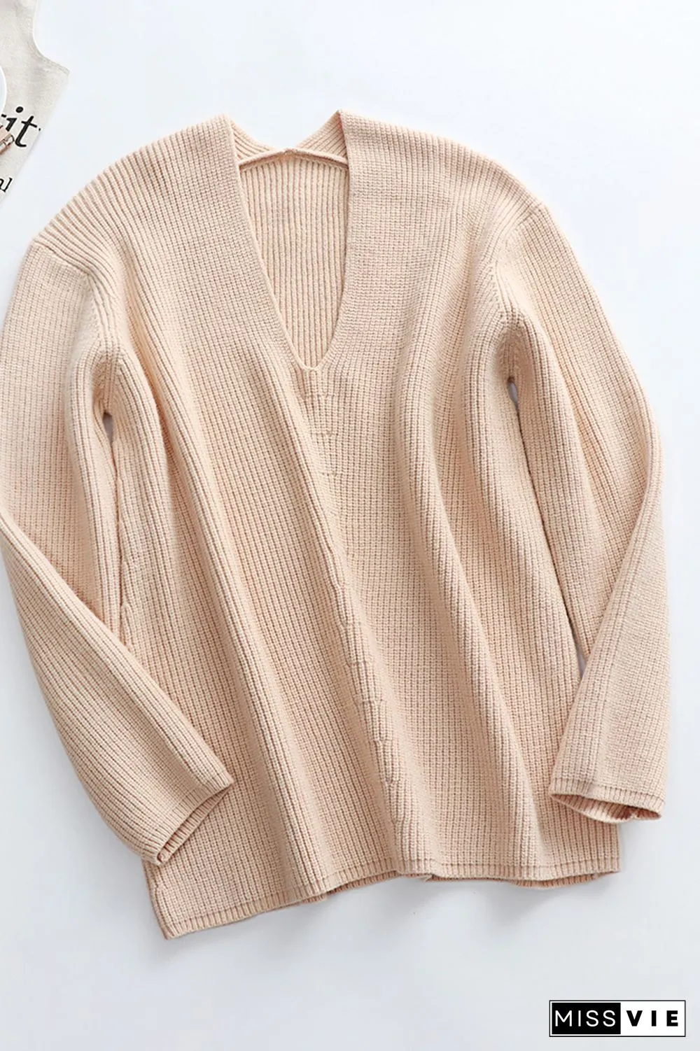 V-neck Long Sleeves Loose Solid Color Pullover Sweater Wholesale