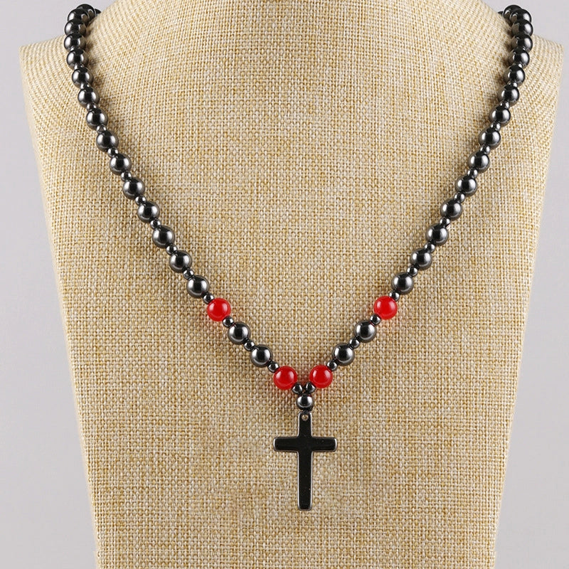 Chinoiserie Geometric Hematite Beaded Unisex Pendant Necklace