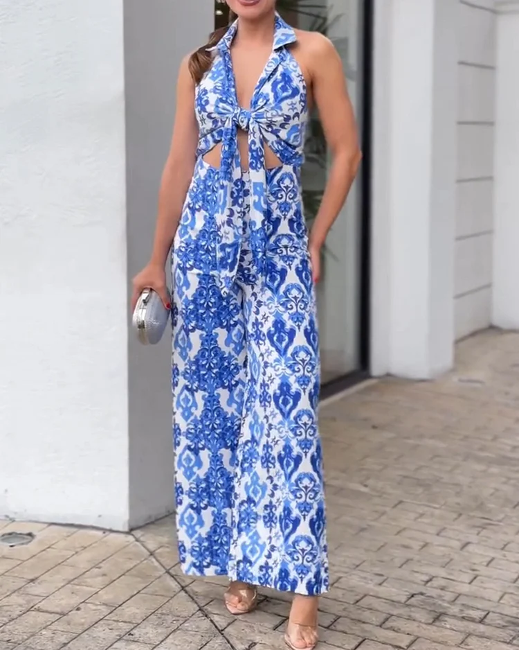Women's printed shirt collar lace-up jumpsuit