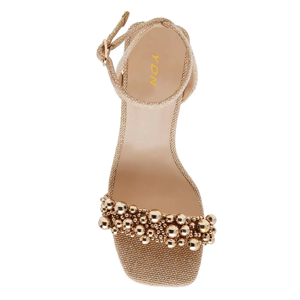Beige Linen Open Toe Ankle Strap High Heels Sandals with Beads