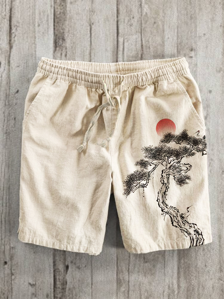 menweary Ink and Pine Japanese Art Print Linen Shorts