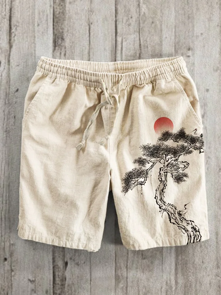 Ink and Pine Japanese Art Print Linen Shorts