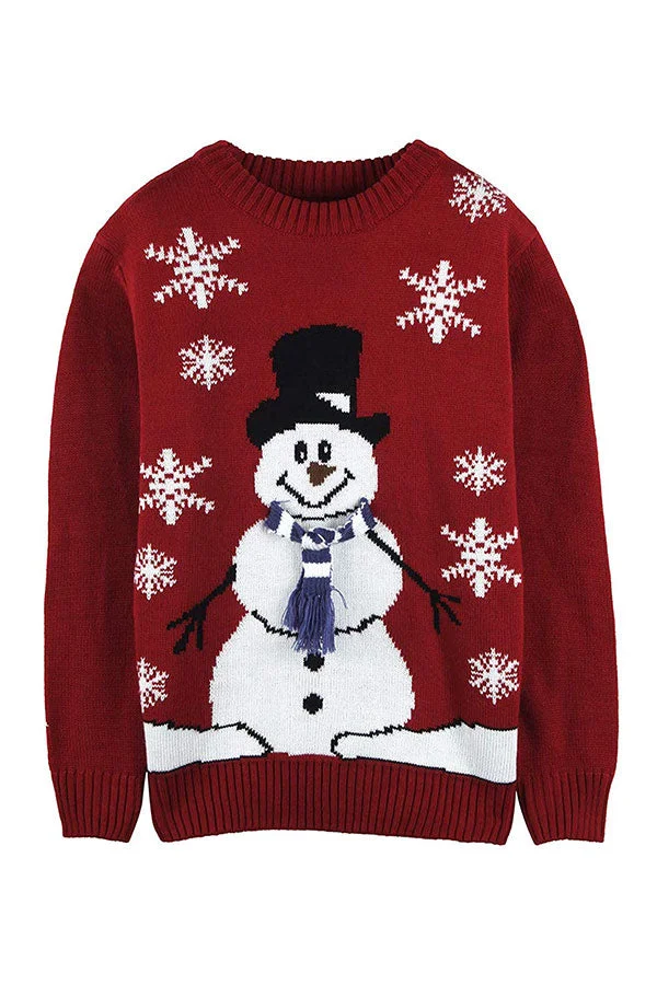 Womens Crew Neck Snowflake Snowman Ugly Christmas Sweater Red-elleschic