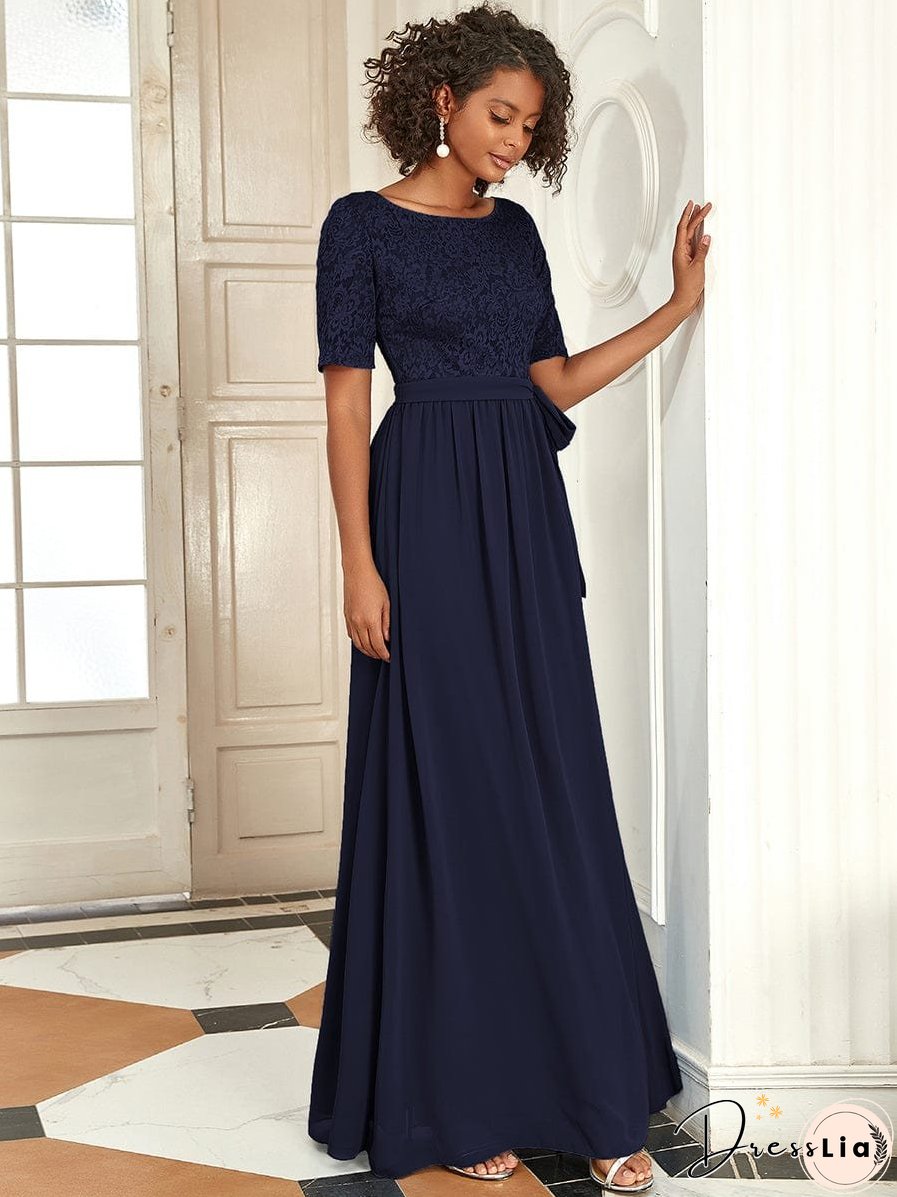 Sophisticated Lace Bodice Chiffon Maxi Evening Gown with Belt for Elegant Occasions