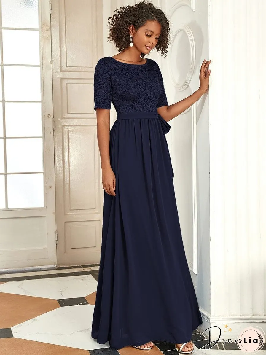 Sophisticated Lace Bodice Chiffon Maxi Evening Gown with Belt for Elegant Occasions
