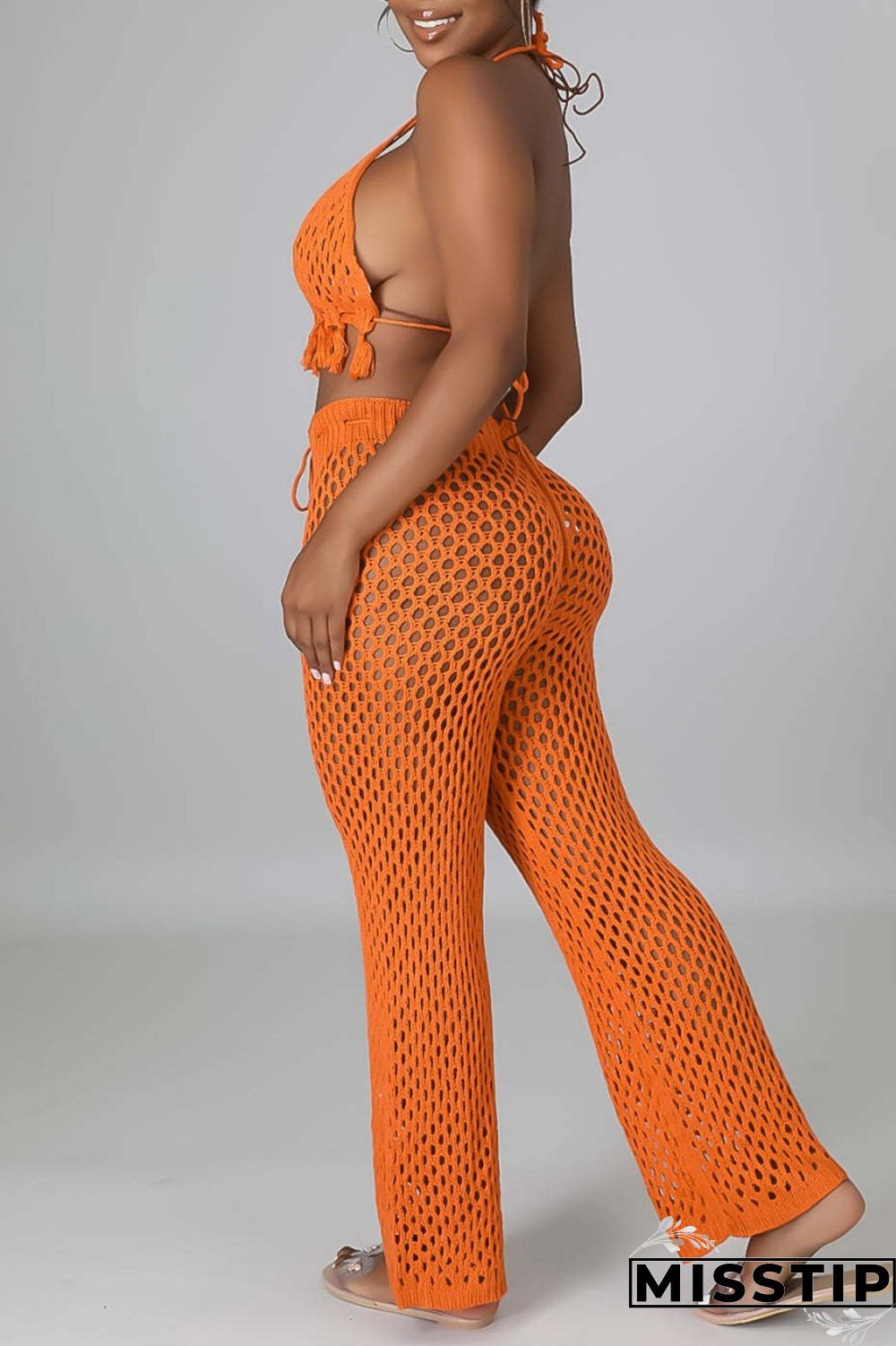Orange Sexy Solid Bandage Hollowed Out Backless Halter Sleeveless Two Pieces
