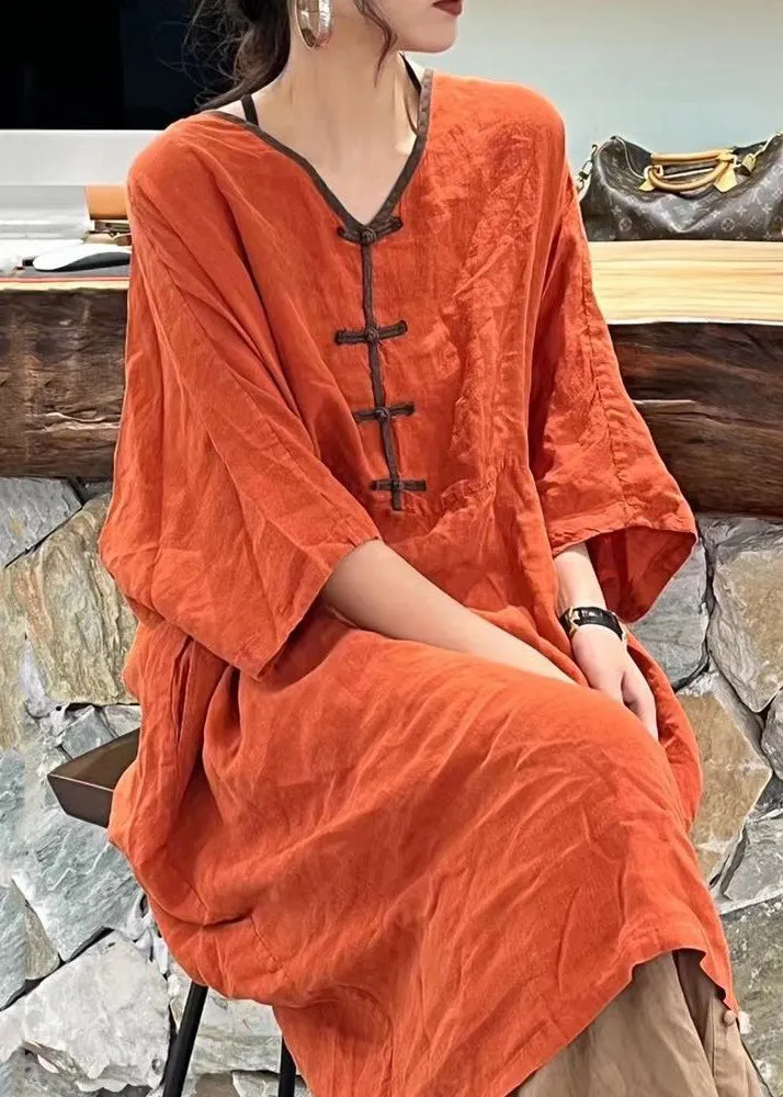 New Orange V Neck Button Pockets Cotton Dress Half Sleeve