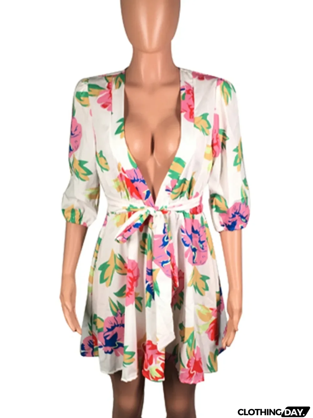 Autumn Casual Sexy Deep-V Floral White Skater Dress with Belt