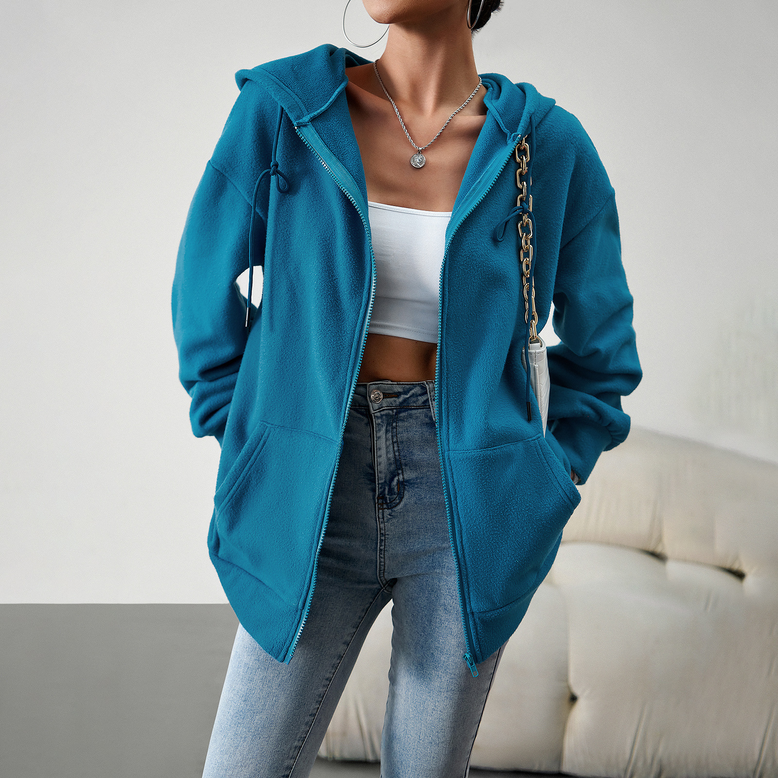 Mature Women Casual Fashion Hooded Cardigan Jacket With Pockets Winter And Autumn Loose Sports Coat