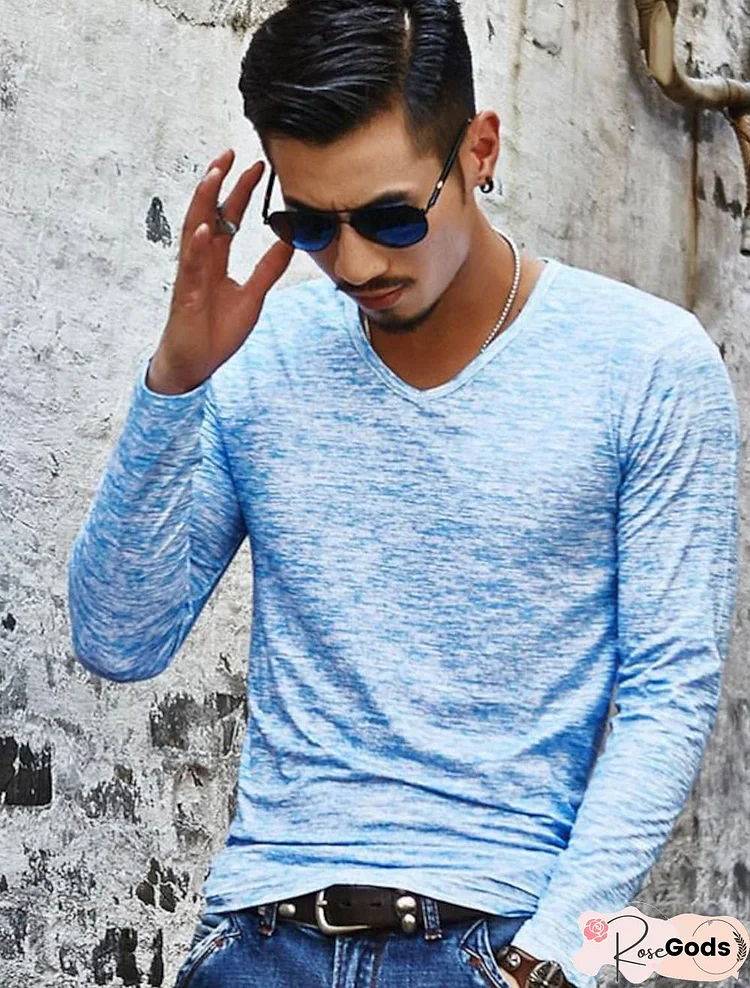 Men's T Shirt Graphic Solid Colored Print Long Sleeve Daily Slim Tops Basic V Neck Blue Fuchsia Black / Fall / Spring