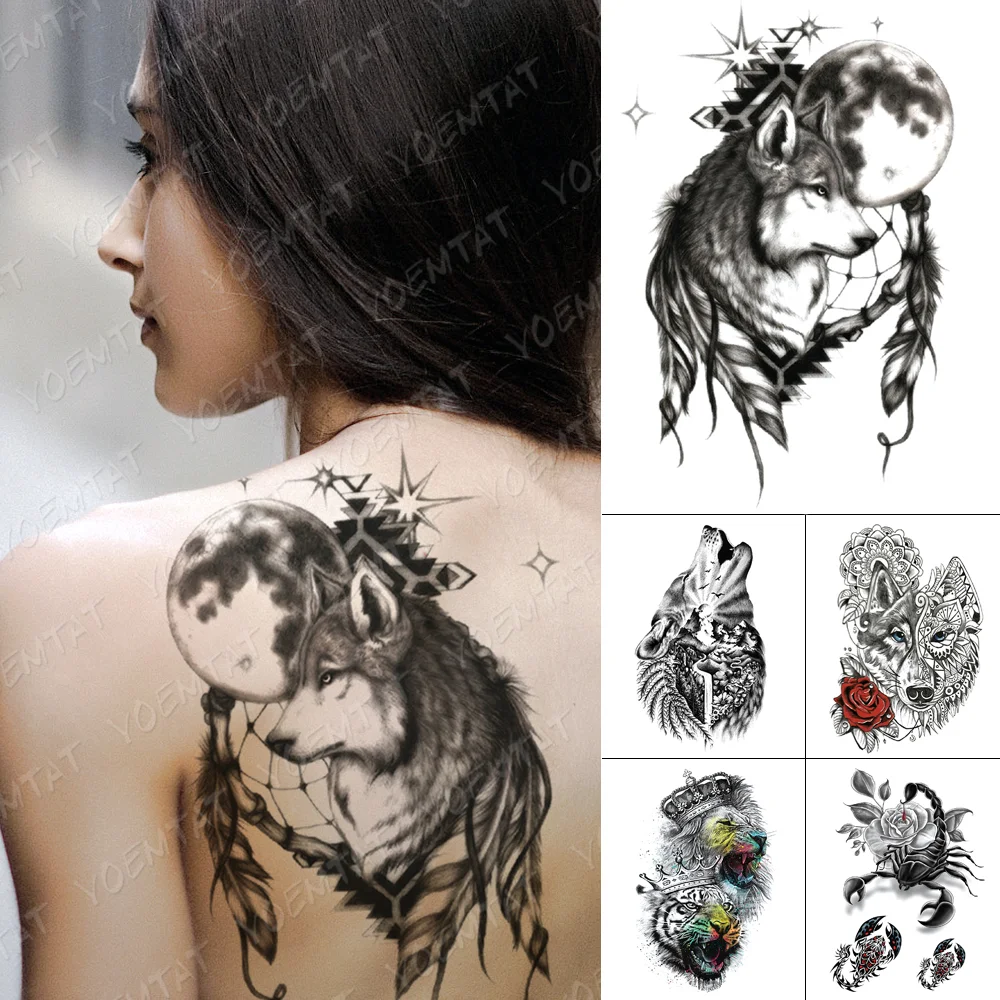 Sdrawing Temporary Tattoo Stickers Wolf Tiger Leopard Lion Moon Feather Star Flash Tattoos Female Back Body Art Fake Tatoo