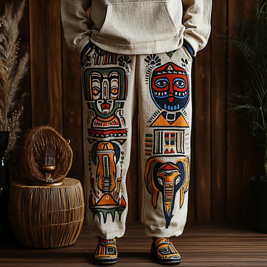 Men's African Abstract Mask Elephant Art Cotton And Linen Casual Pants