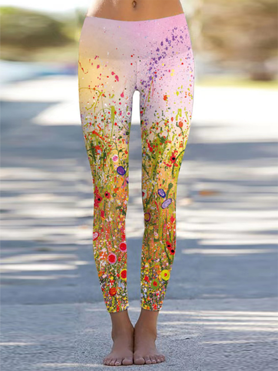 Mature Women High Waist Peach Tight Pants Print Yoga Pants