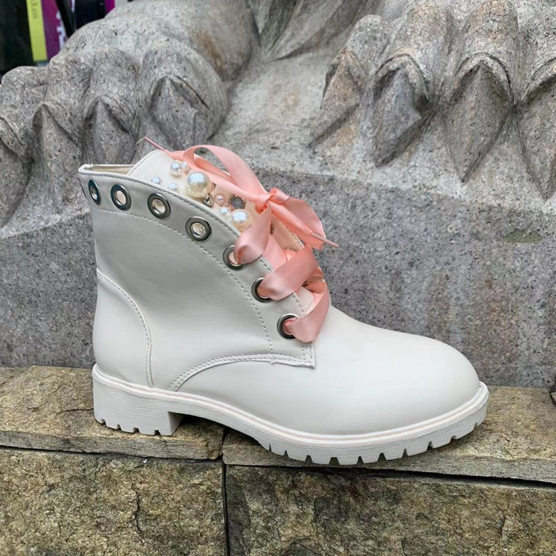 Llyge Women Ankle Boots 2024 Autumn PU Leather Lace Up Motorcycle Boots Pearl Decor Casual Shoes Round Toe Lady Bootie Female Footwear llyge