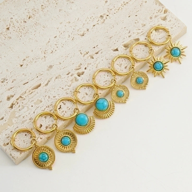 1 Pair Retro Round Water Droplets Snake Inlay 304 Stainless Steel Artificial Gemstones Turquoise 18K Gold Plated Stainless Steel Earrings