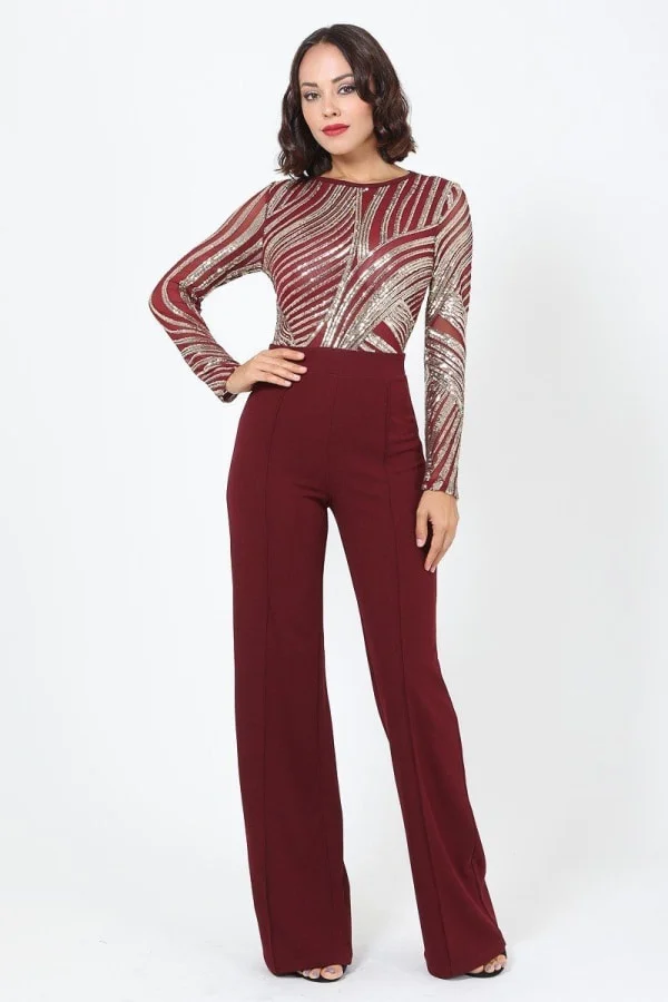 Sophisticated Gold Sequins Bodice Jumpsuit - Wine/Gold