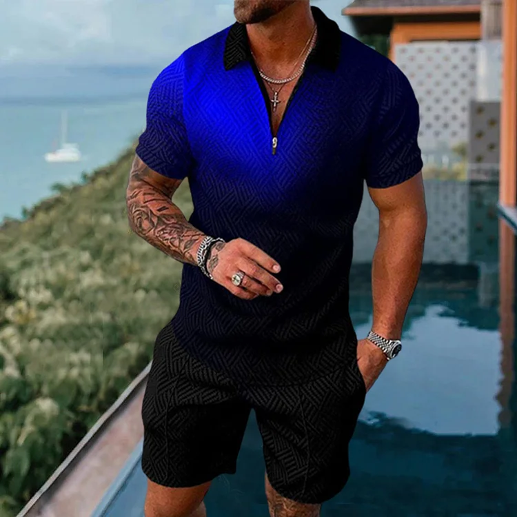 Men's casual black and blue print Polo suit