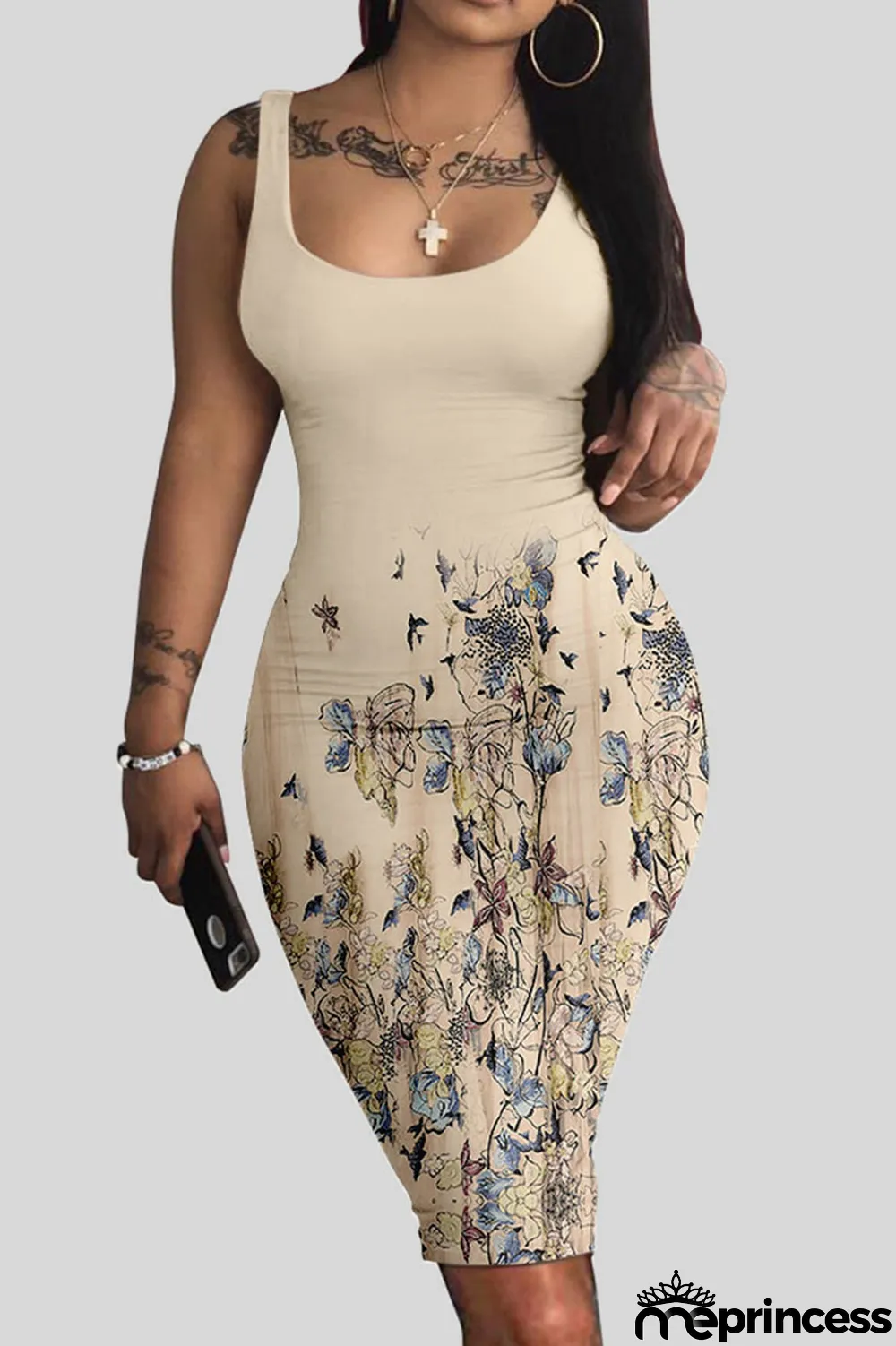 White Casual Print Patchwork U Neck Vest Dress Dresses