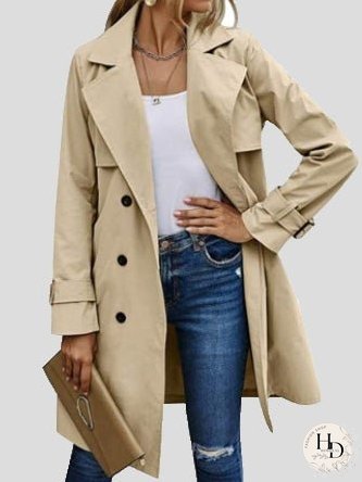 Coats Lapel Button Belt Long Trench Coat for Women