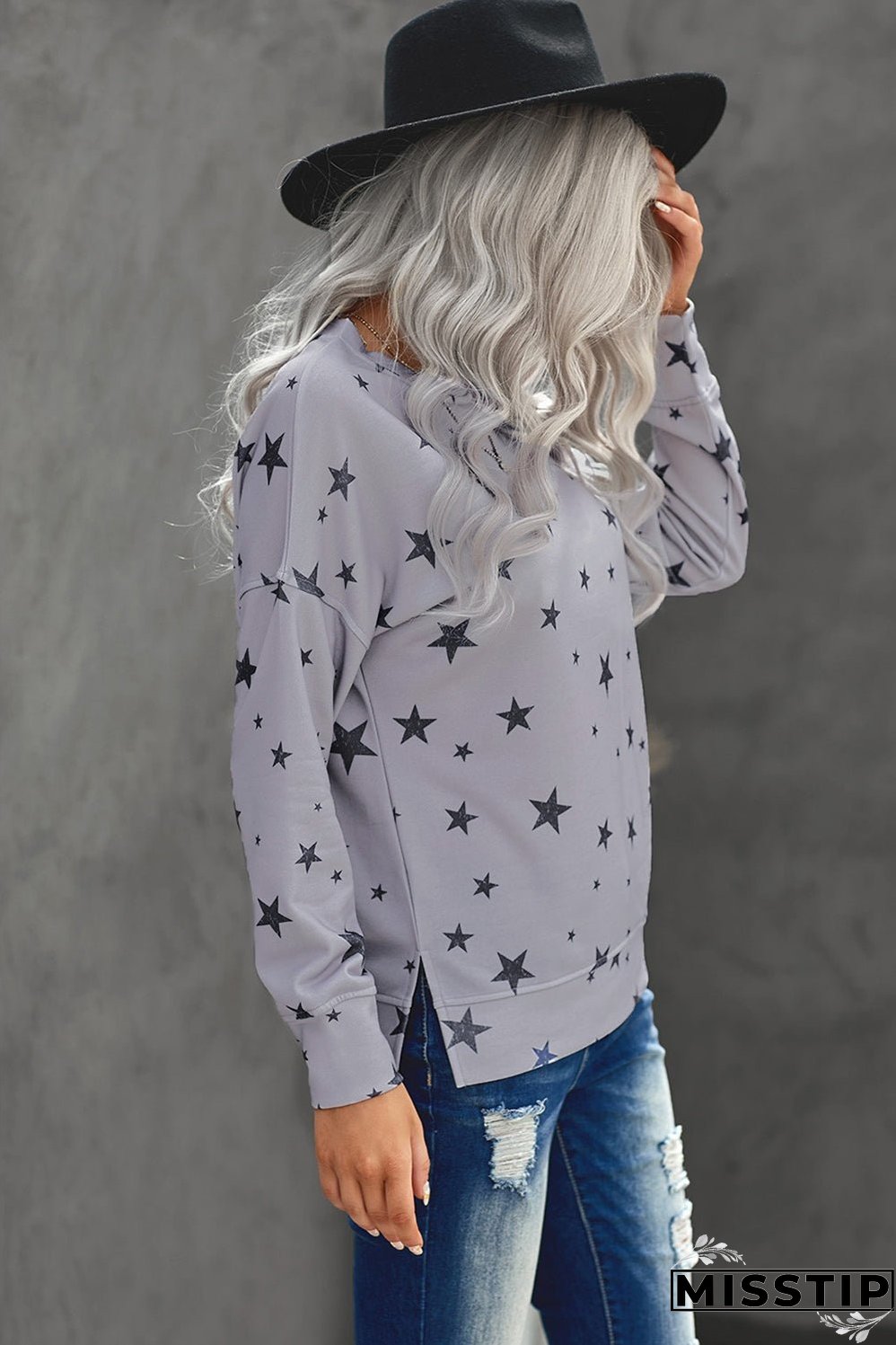 Women's Gray Round Neck Star Print Casual Long Sleeve Top