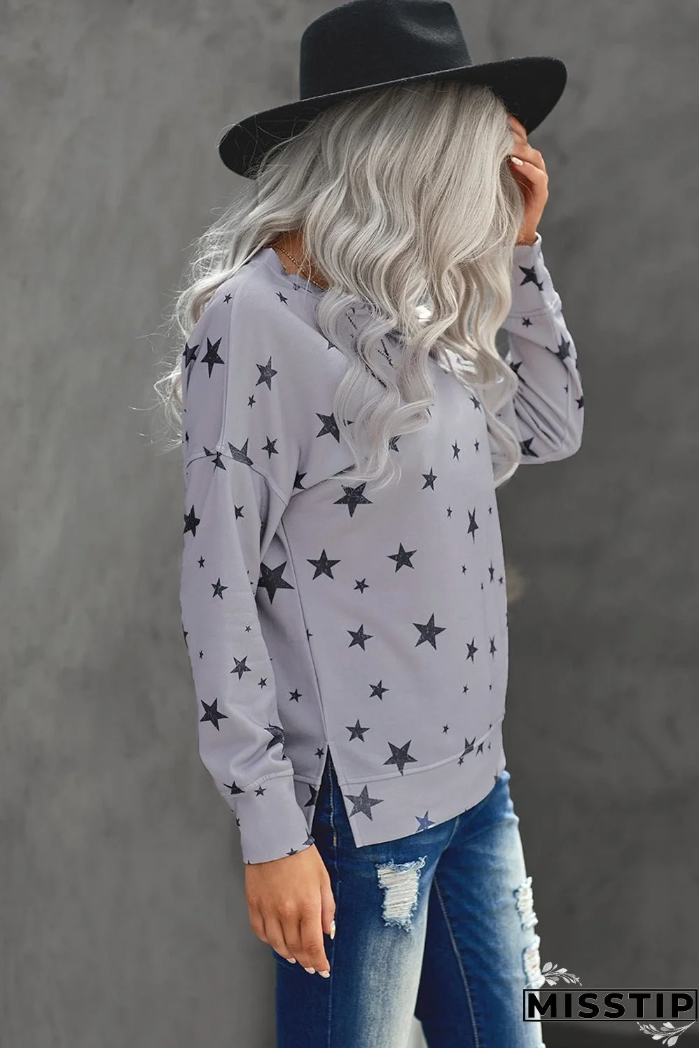 Women's Gray Round Neck Star Print Casual Long Sleeve Top