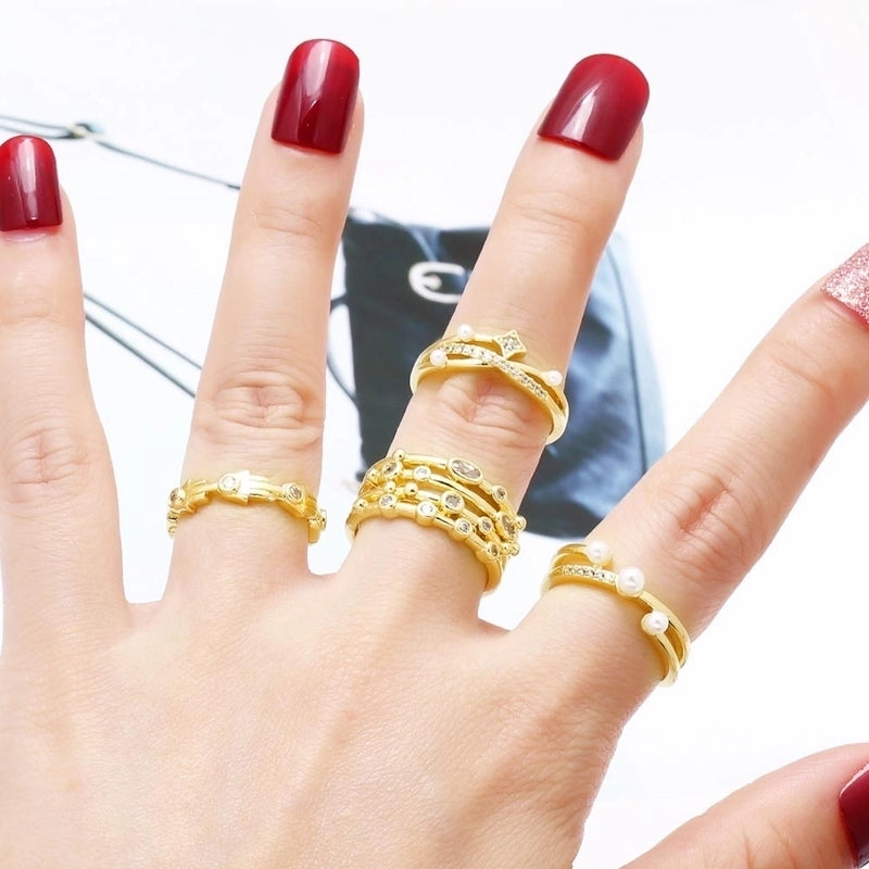 Copper 18K Gold Plated Plating Inlay Irregular Pearl Zircon Open Rings