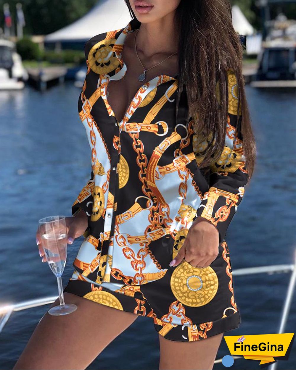 Chain Pint Buttoned Top & Pocket Design Shorts Set