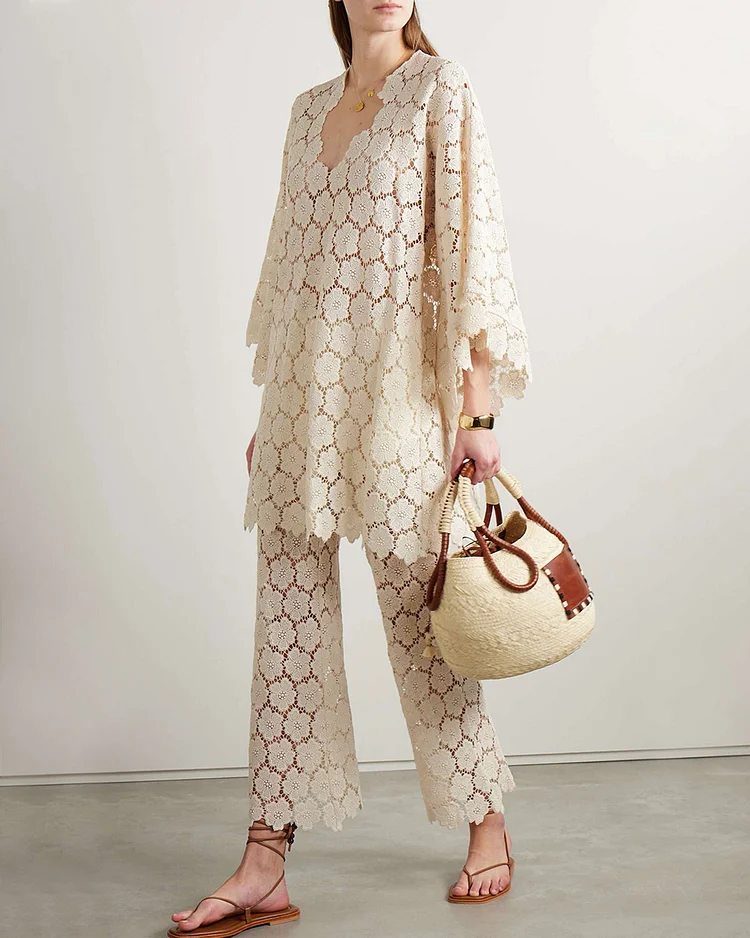 Cropped guipure lace top and straight-leg pants two-piece set