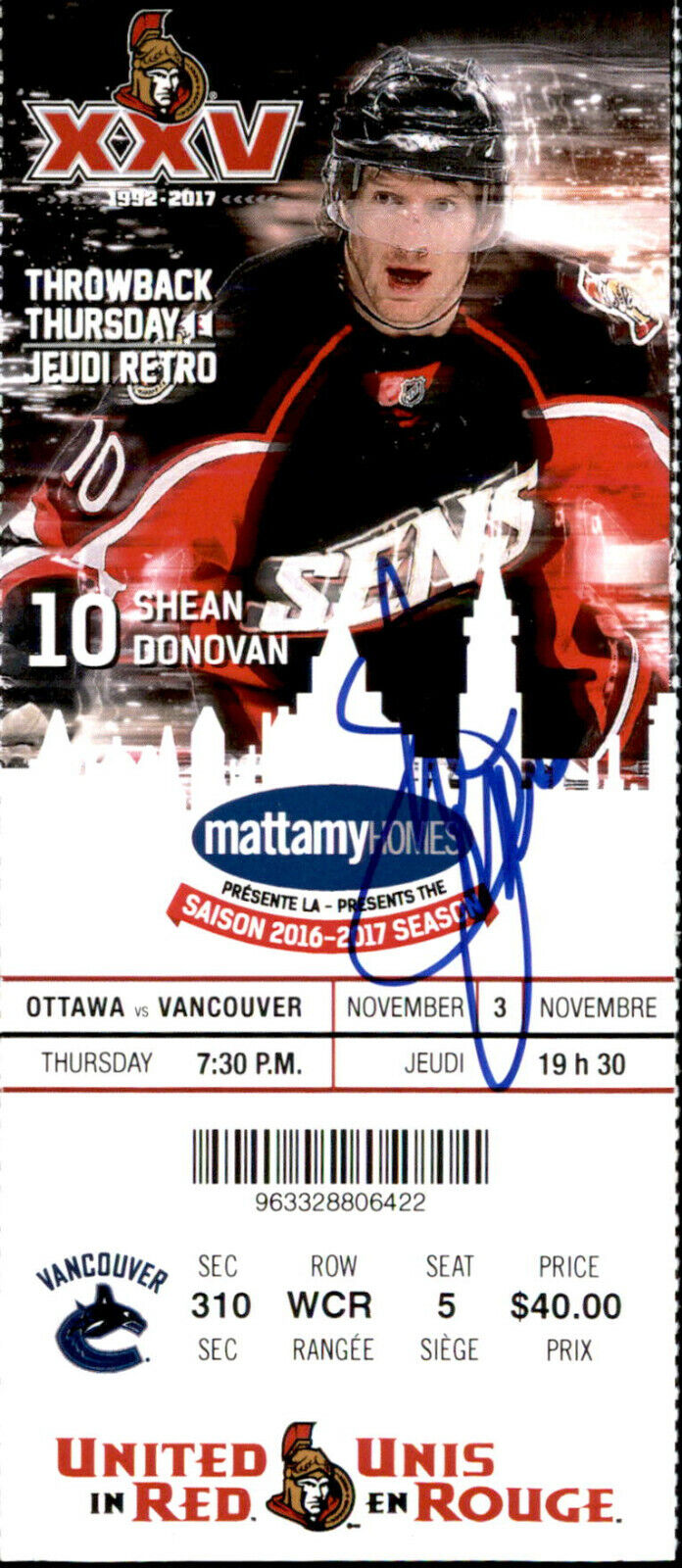 Shean Donovan SIGNED autographed TICKET STUB 16/17 SEASON OTTAWA SENATORS