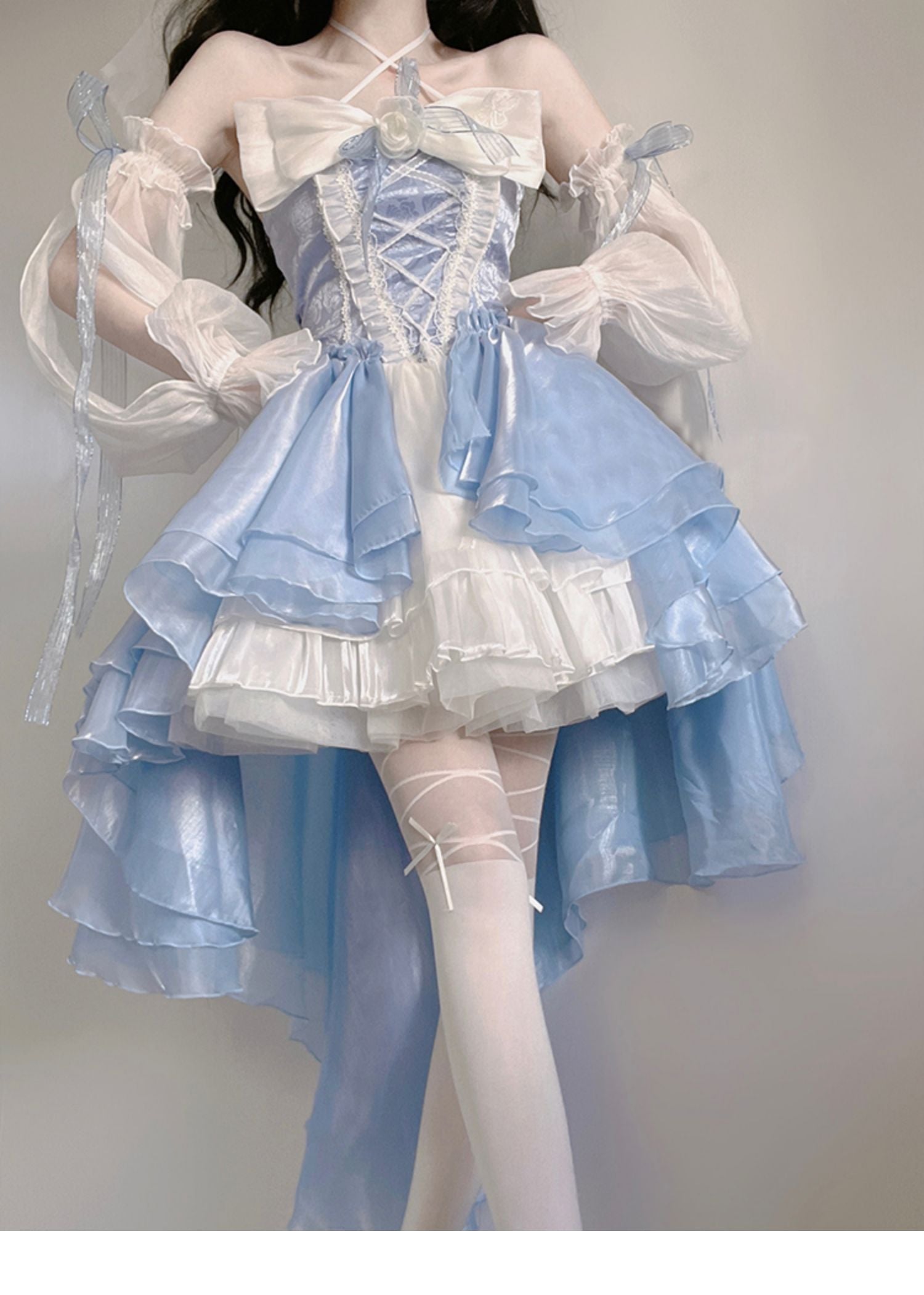 Aiertu Modest Ball Gown Strapless Blue Organza Floral Holiday Lolita Dress Birthday Dresses Birthday Outfits HOT1240 Aiertu