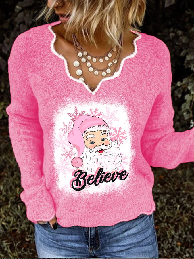 Women's Pink Santa Believe V-Neck Knit Top
