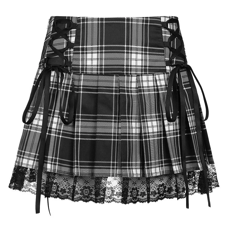 HEYounGIRL Tie Up Harajuku Gothic Checkered Mini Skirt Ladies Fashion Aesthetic Punk Plaid Pleated High Waisted Short Skirt