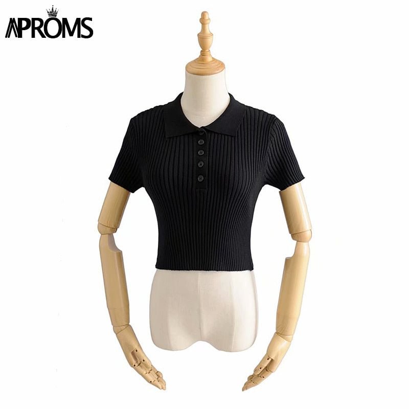 Aproms Vintage High Waist Short Sleeve Basic T-shirt 2021 Streetwear Knitted Tshirt Female White Tee Crop Top for Women Clothing