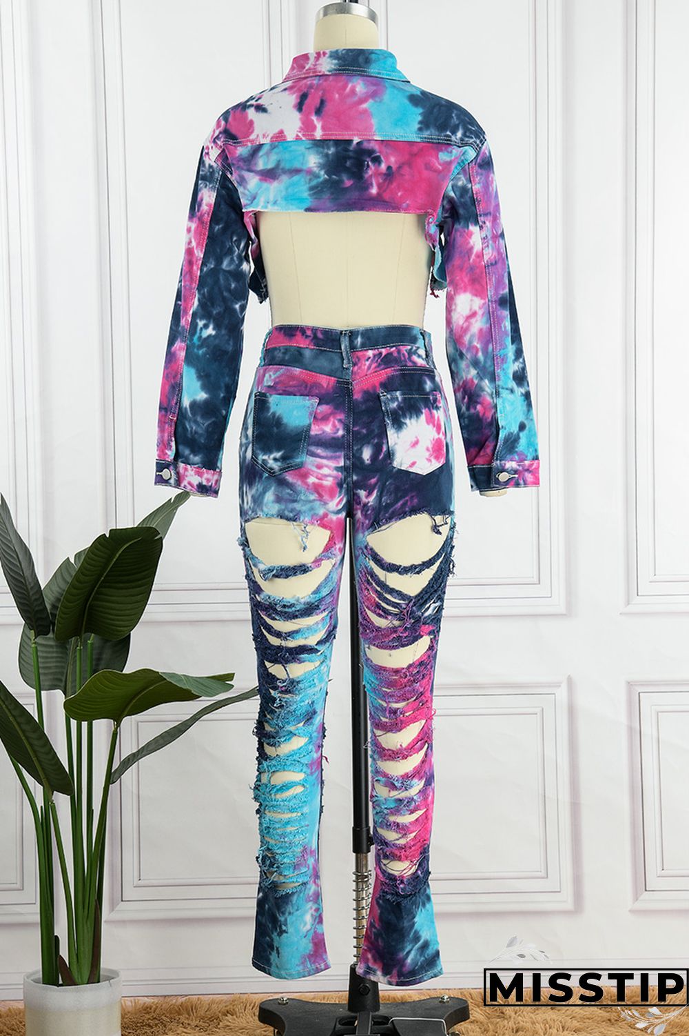 Deep Blue Casual Tie Dye Ripped Turndown Collar Long Sleeve Two Pieces
