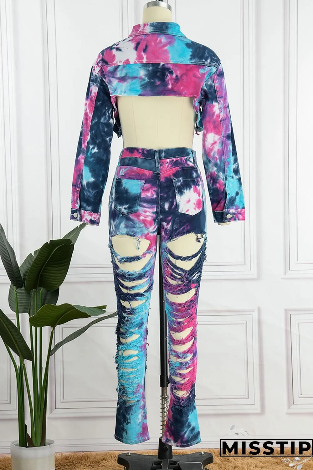 Deep Blue Casual Tie Dye Ripped Turndown Collar Long Sleeve Two Pieces