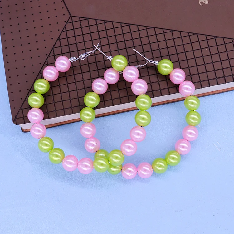 New Popular Custom Large Size Women Club Social Alpha Symbol Beaded Lady Service Pink Green Pearl Hoop Earrings For Party