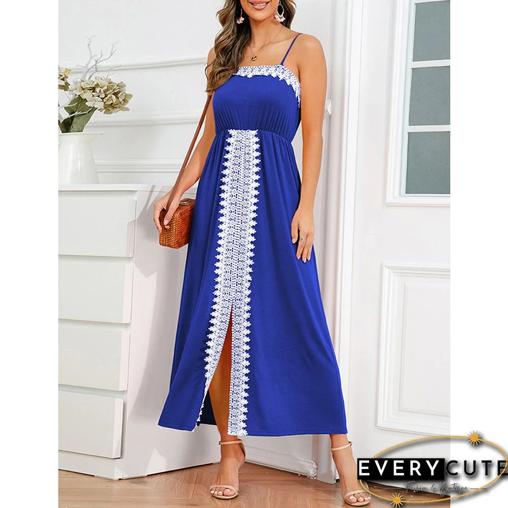 Blue Spliced Lace Trim Spaghetti Straps Dress