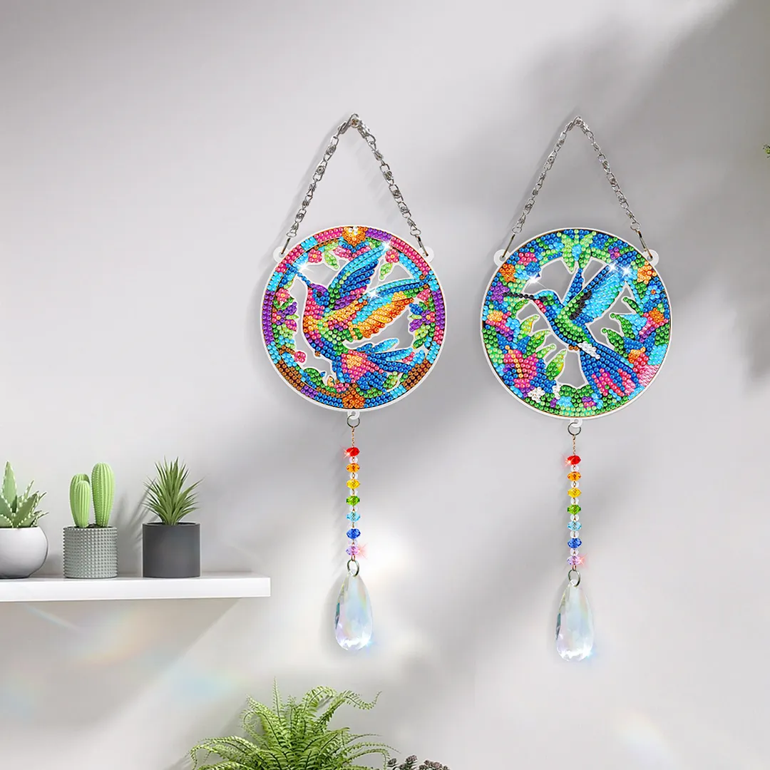 2Pcs Hummingbird DIY Acrylic Diamond Painting Art Wind Chimes with Crystal Pendant Diamond Art Hanging Pendant Double-Sided for Adults Beginners Gift Home Garden Decor