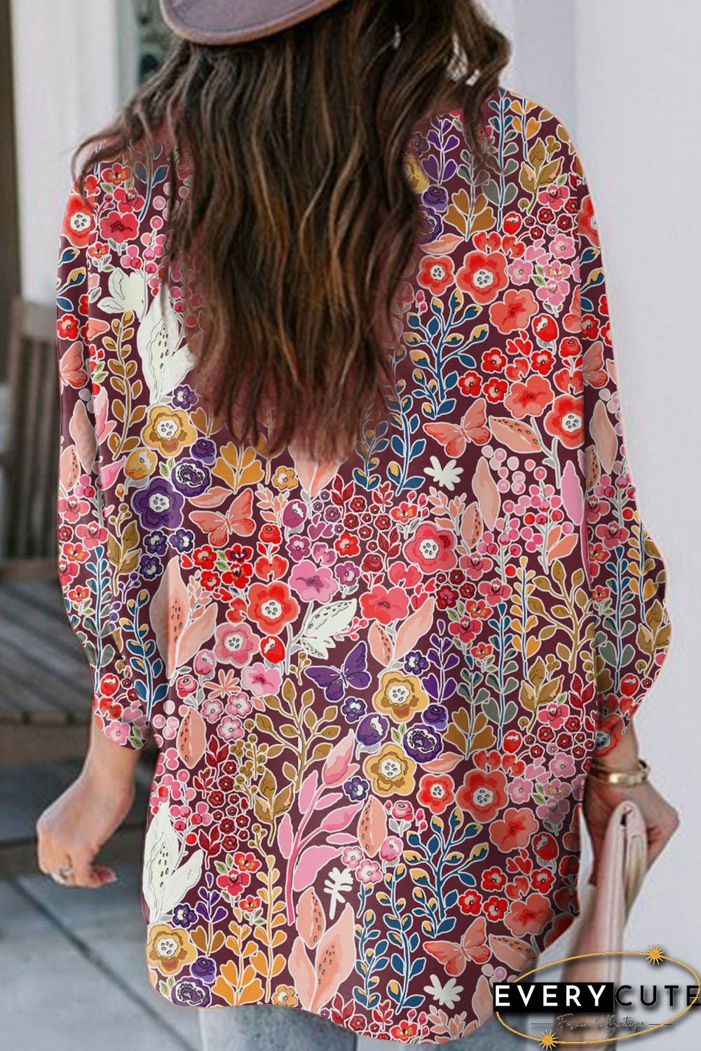 Multicolor Boho Floral Long Sleeve V-Neck Blouse