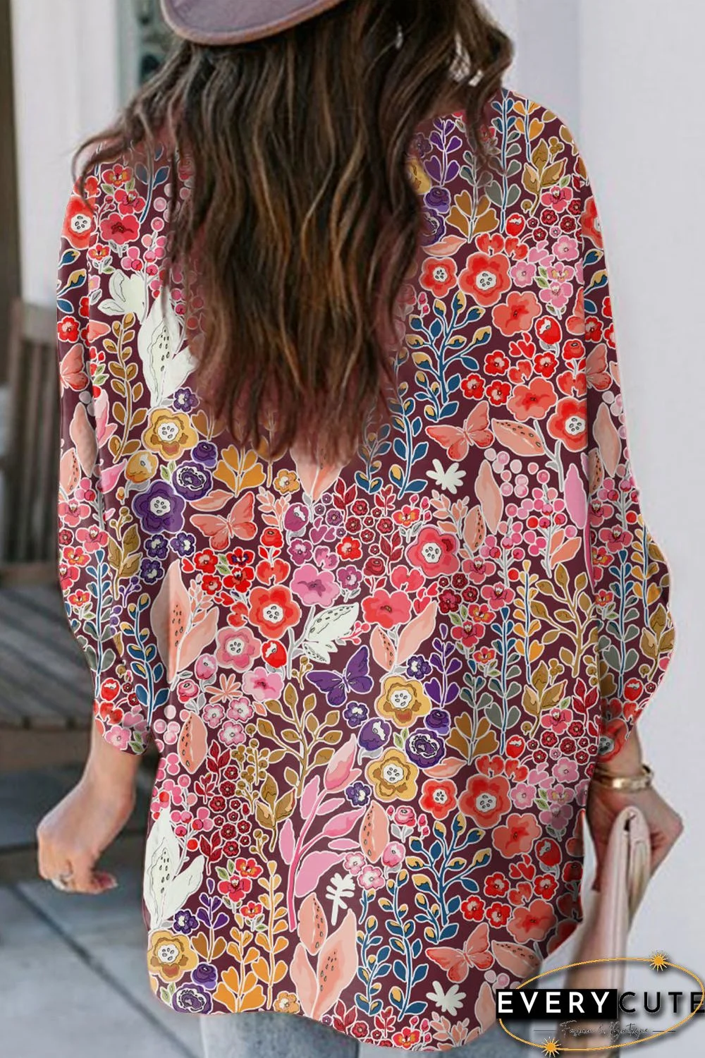 Multicolor Boho Floral Long Sleeve V-Neck Blouse