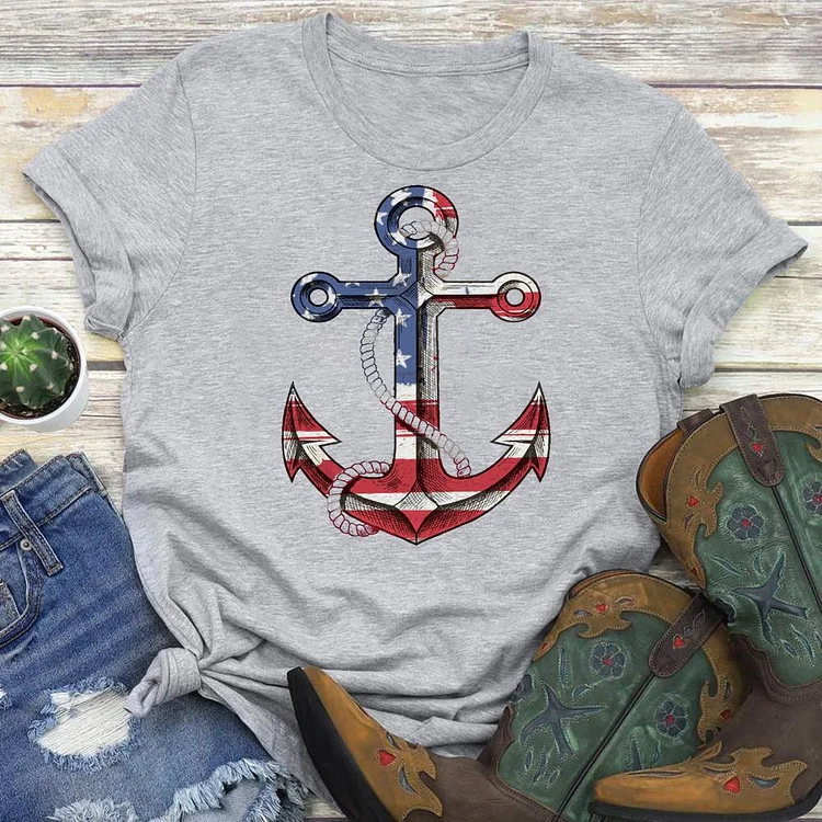 American Flag Anchor Round Neck T-shirt-018174