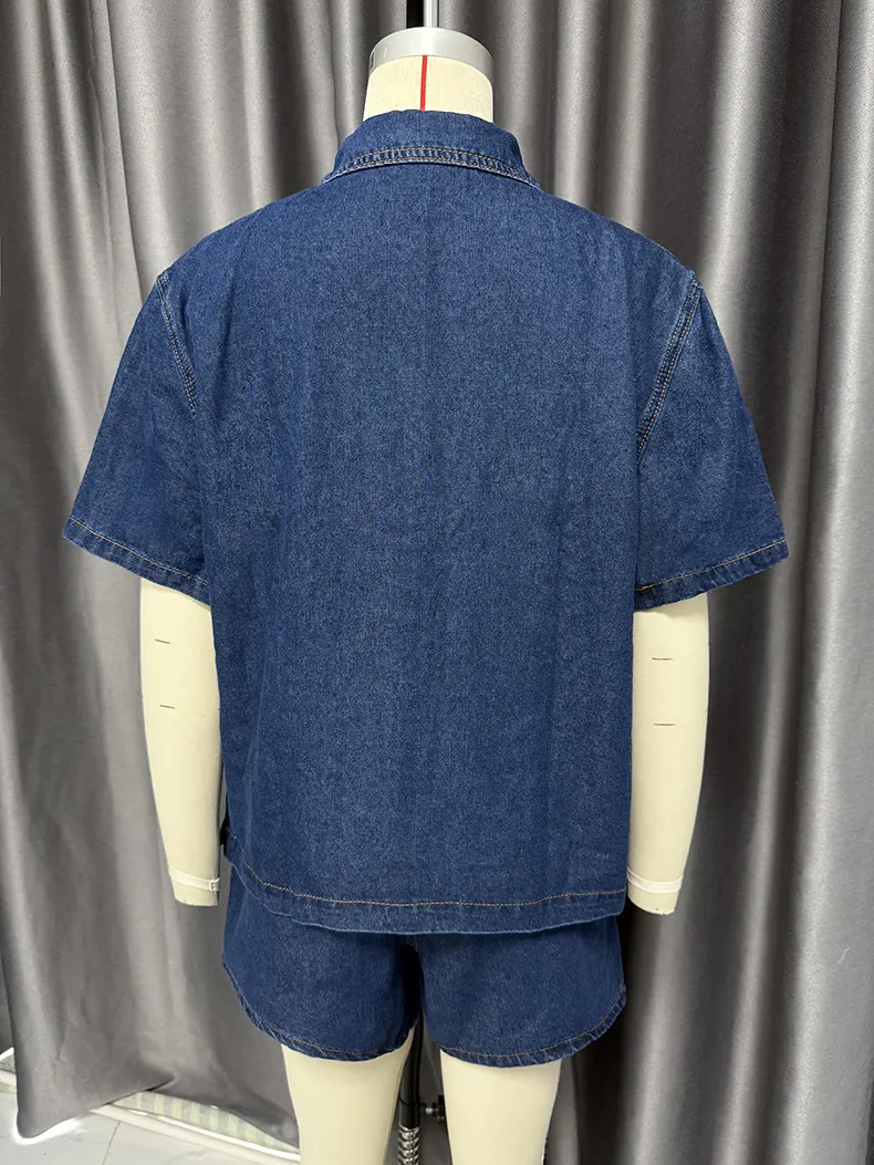 Retro Casual Loose Pockets Short Sleeved Shirt Shorts Denim Two Piece Sets