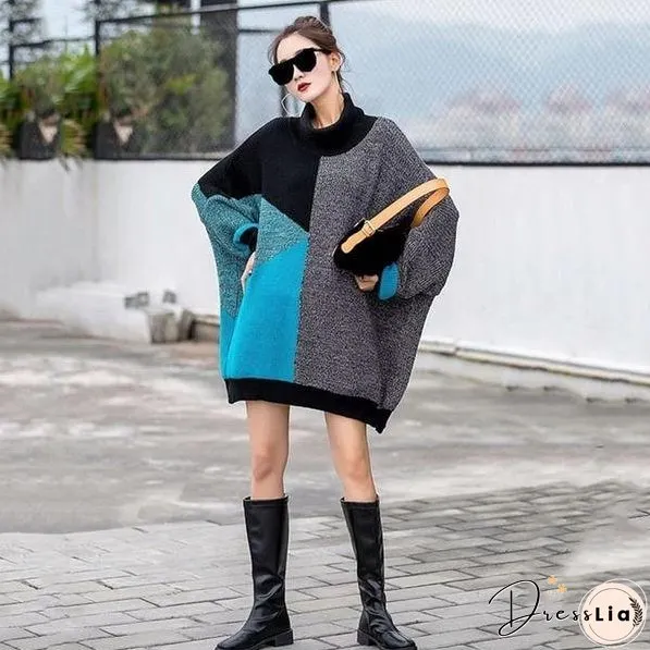 New Irregular Contrast Color O-Neck Collar Pullover Loose Fashion Womens Sweater Winter