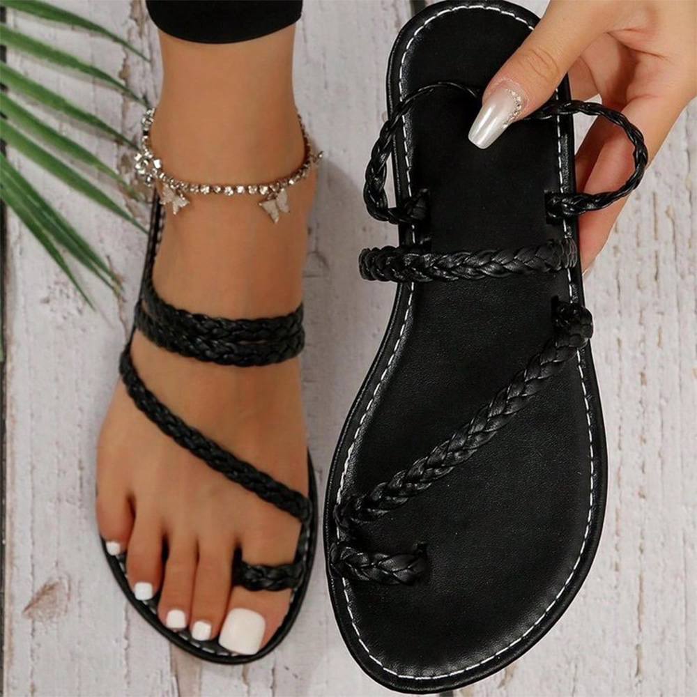Vacation Brown PU Leather Braided Strap Clip Toe Flat Slippers 2024 - Flycurvy 